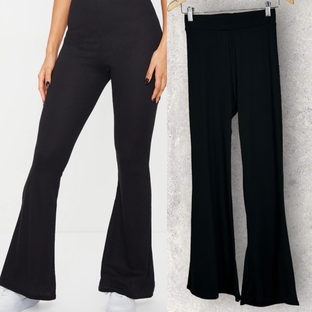NEW Nordstrom Velvet Torch Black Ribbed Flare Wide Leg Pants Size Medium Minimal